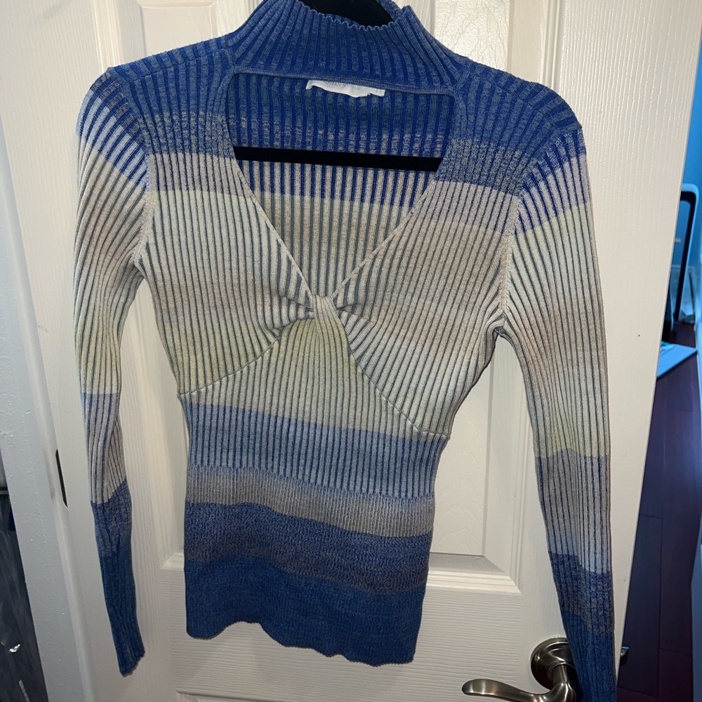 Jonathan Simkhai Blue and Cream V-Neck Sweater